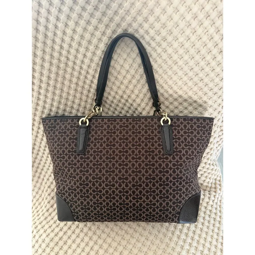 Coach Signature C Women’s Madison Canvas Tote Brown Leather Trim Gold Hardware